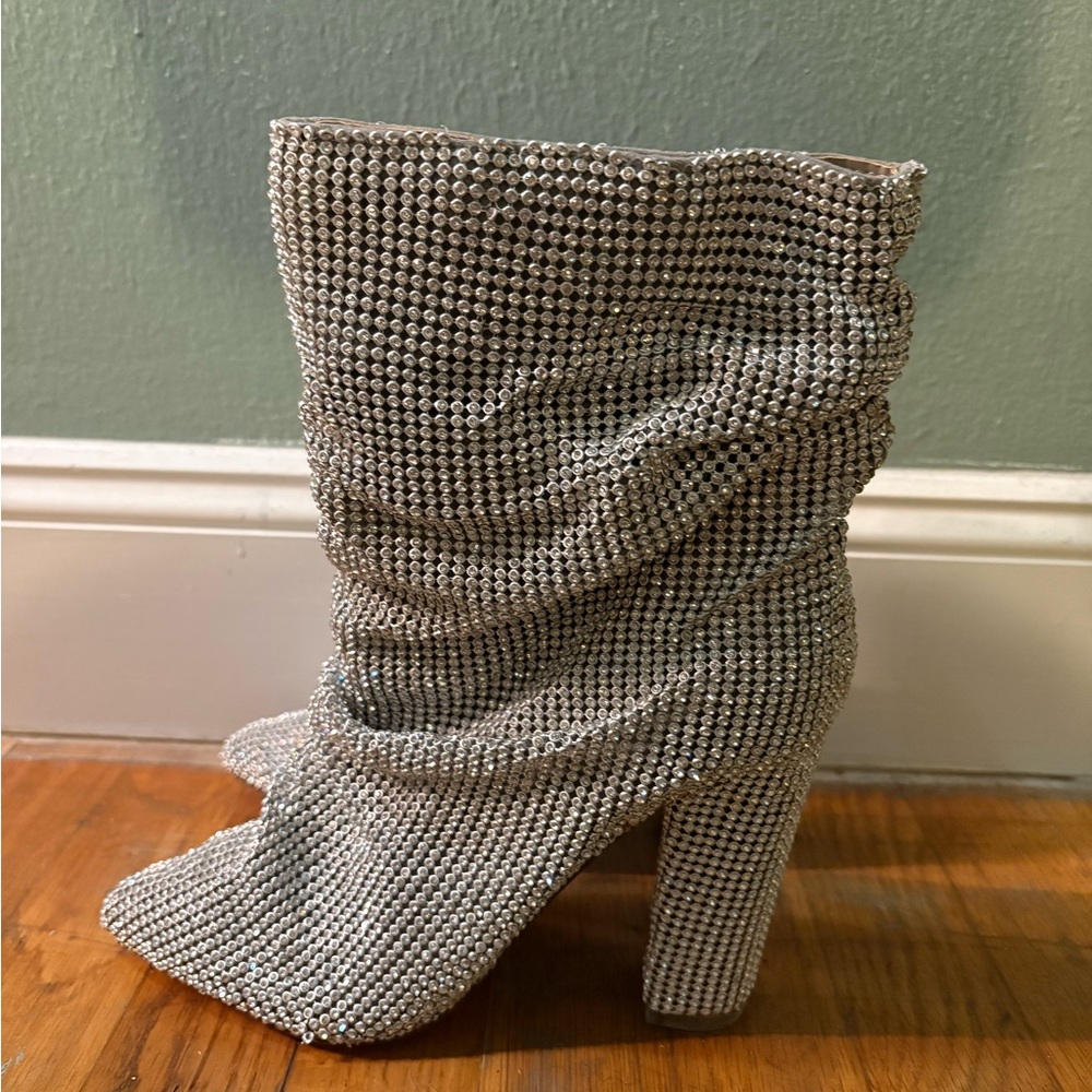 Silver Rhinestone Slouch Block Heel Boots - Women